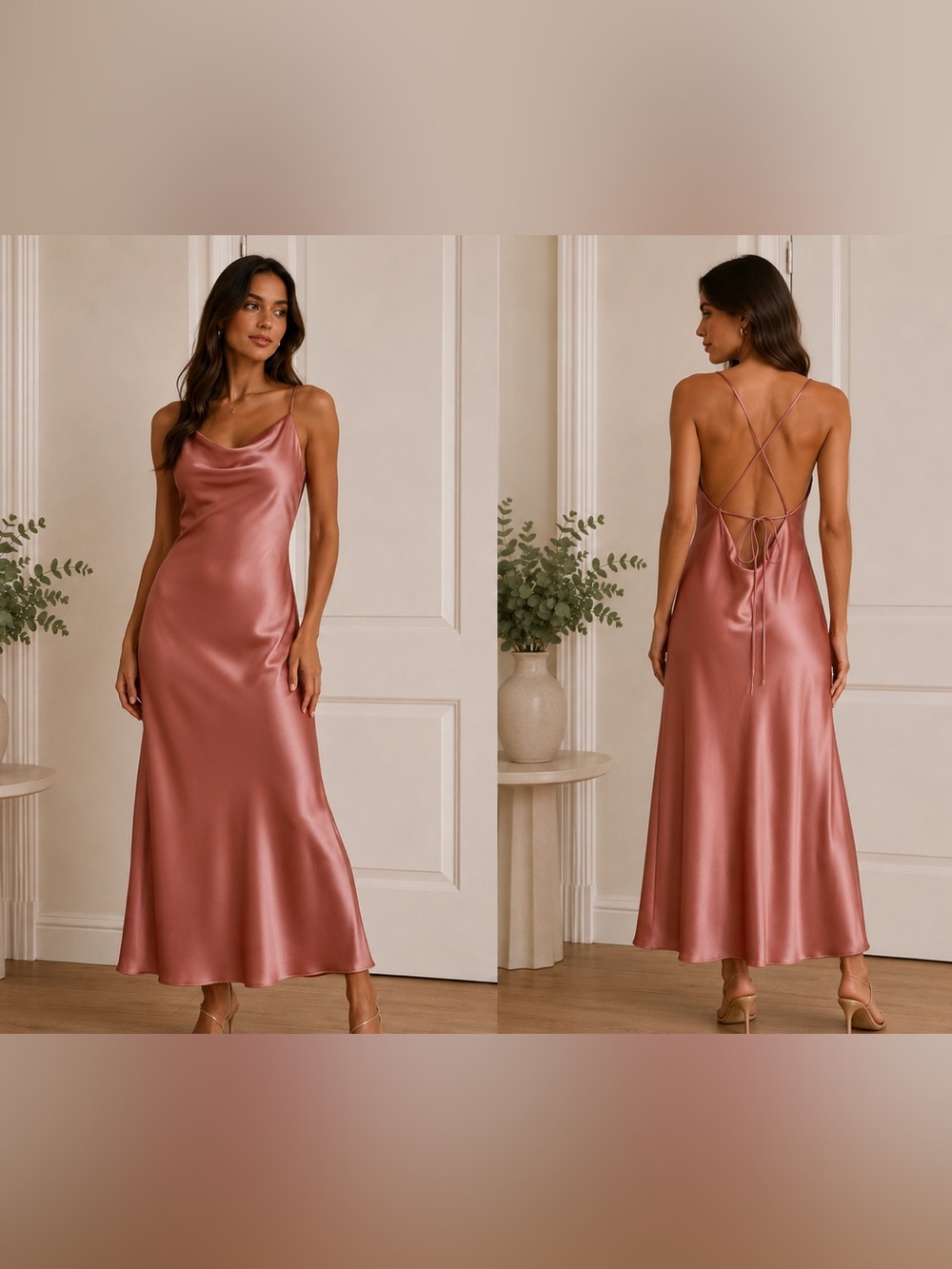 Lovely Desert Rose Satin Look Slip Midi Dress Open Back Cowl Neck XL